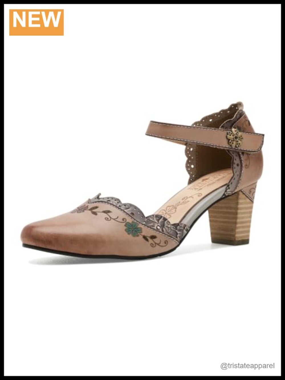 Leather Kitten Heel Pump with Floral Embroidery & Hook & Loop